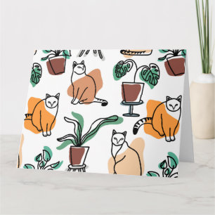 Tarjeta Dibujo en línea de gatos y flores