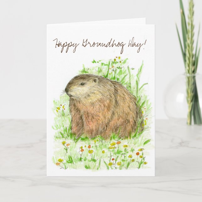 Tarjeta Dibujo feliz de la marmota del día de la marmota (Anverso)