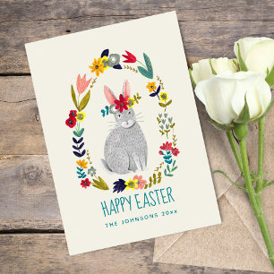 Tarjeta Dibujo floral gris de conejo de Pascua