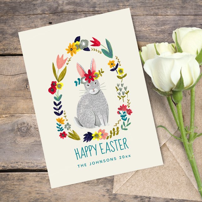 Tarjeta Dibujo floral gris de conejo de Pascua (Subido por el creador)