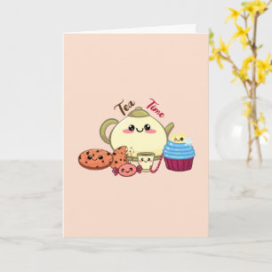 Tarjeta Dibujo Kawaii de Hora del Té y Dulces Adorable