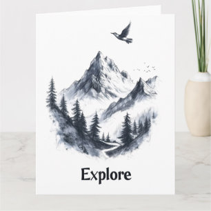 Tarjeta Dibujo paisajístico de montaña con pájaro volador