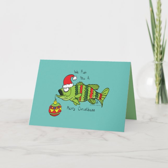 Tarjeta Dibujos divertidos de Navidad de pesca de lubina (Anverso)