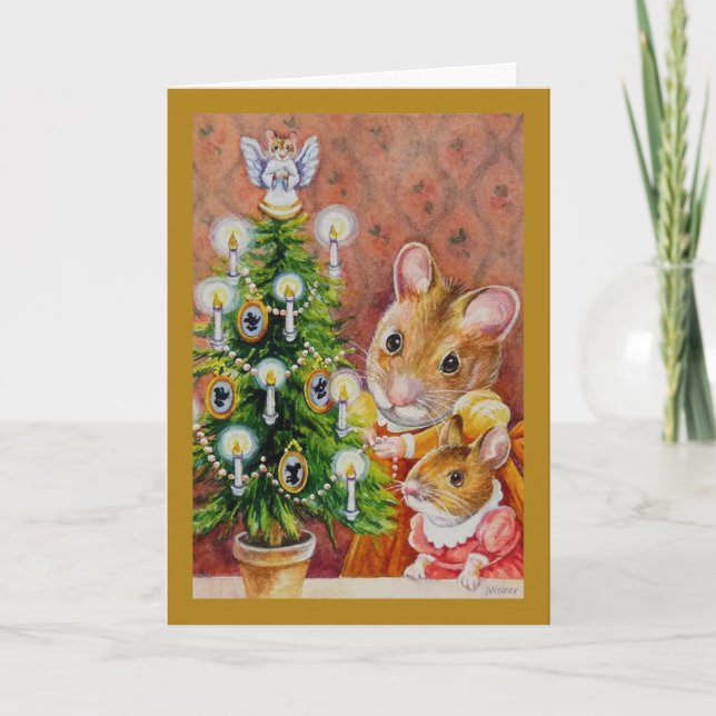 Tarjeta Dickens Christmas Tree Trimming Mouse Art (Anverso)