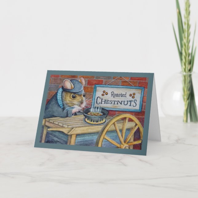 Tarjeta Dickens Ratón de Navidad Asando Castañas Arte (Anverso)