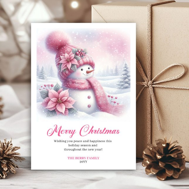 Tarjeta digital infantil de Navidad de muñeco de n (Whimsical pink snowman Christmas kids card digital edit)