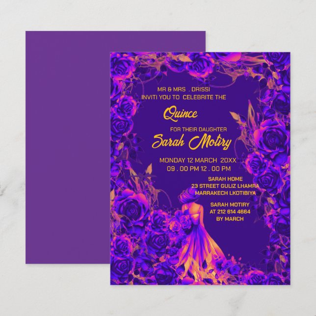 Tarjeta digital invitada a princesa púrpura y dora (Anverso / Reverso)