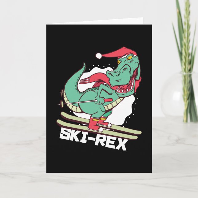 Tarjeta Dino divertido esquía Rex regalo de Navidad de esq (Anverso)