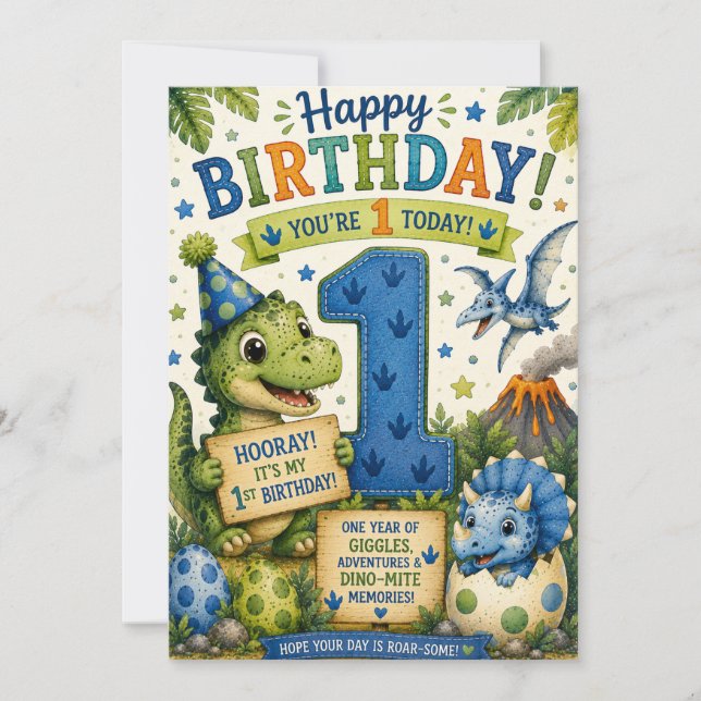 Tarjeta Dino-Mite 1er Cumpleaños  (Anverso)