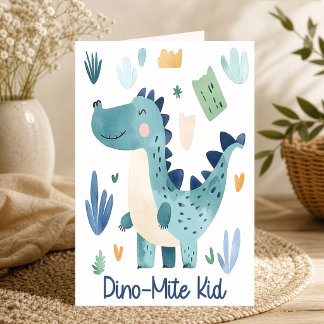 Tarjeta Dino Mite Niño Dinosaura Azul Adorable