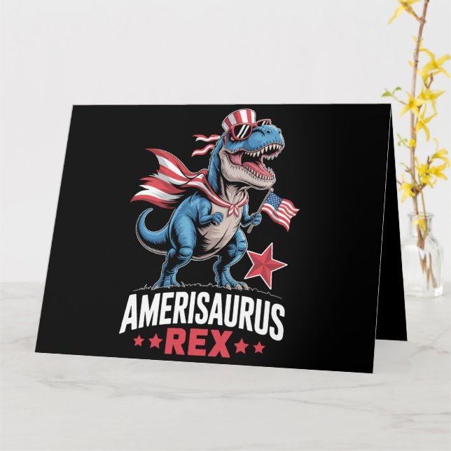 Tarjeta Dinosaur 4 de julio Amerisaurus T Rex Divertido (flor amarilla)
