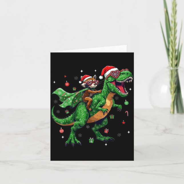 Tarjeta Dinosaur Christmas T Rex Raccoon Santa Holiday  (Anverso)