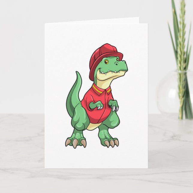 Tarjeta Dinosaur como bombero con casco de bombero (Anverso)