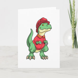Tarjeta Dinosaur como bombero con casco de bombero