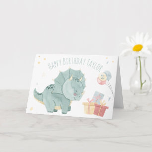 Tarjeta Dinosaur de Acuarela de Cumpleaños Feliz Dos Años