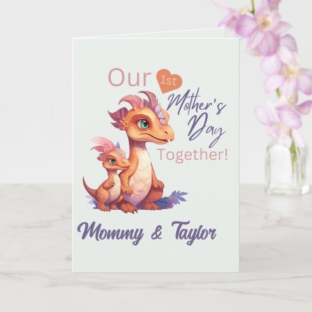 Tarjeta Dinosaurio acuarela y día de la primera madre bebé (Orquídea)