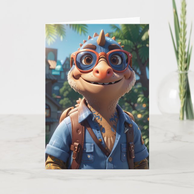 Tarjeta Dinosaurio con gafas de sol sonriendo al aire libr (Anverso)