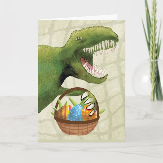Tarjeta Dinosaurio de Pascua Infantil con cesta de huevos  (Anverso)