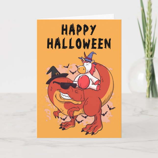 Tarjeta Dinosaurio divertido de Halloween Unicornio lindo (Anverso)