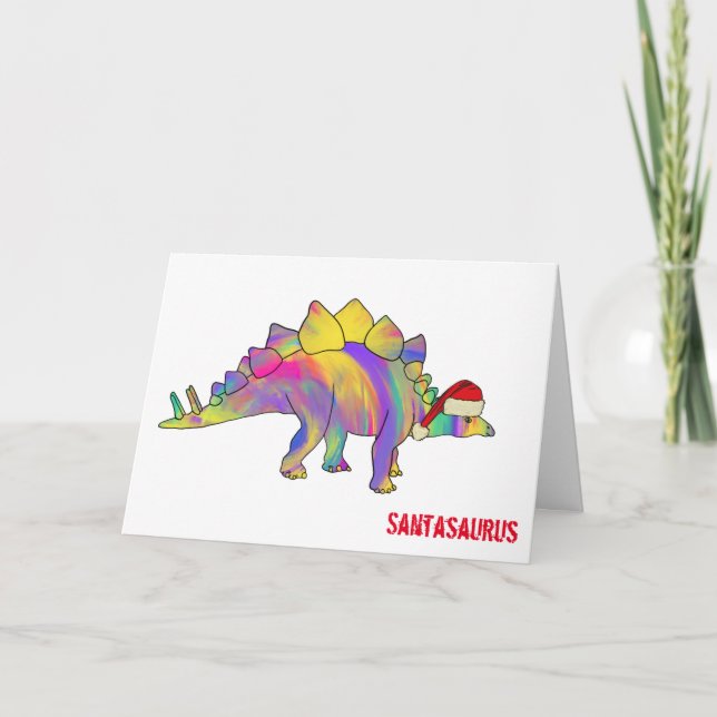 Tarjeta Dinosaurio divertido de Navidad Santa Estegosaurio (Anverso)