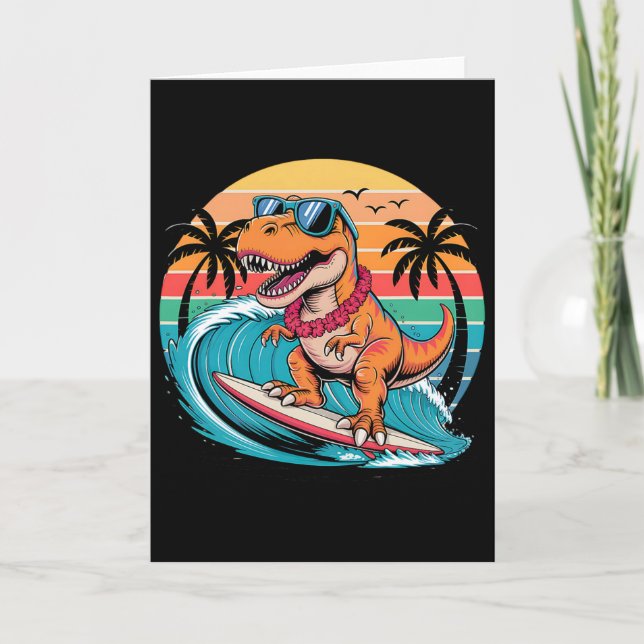 Tarjeta Dinosaurio Divertido Tabla de Surf Playa Verano Su (Anverso)