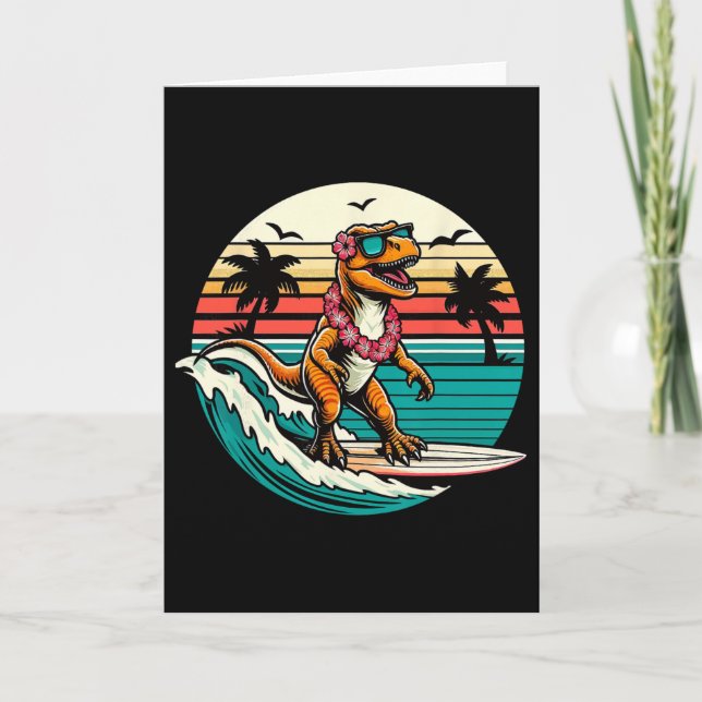 Tarjeta Dinosaurio Divertido Tabla de Surf Playa Verano Su (Anverso)