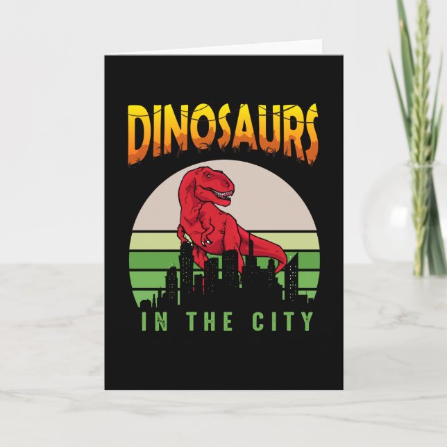 Tarjeta Dinosaurio en la ciudad | Diseño de dinosaurios (Anverso)