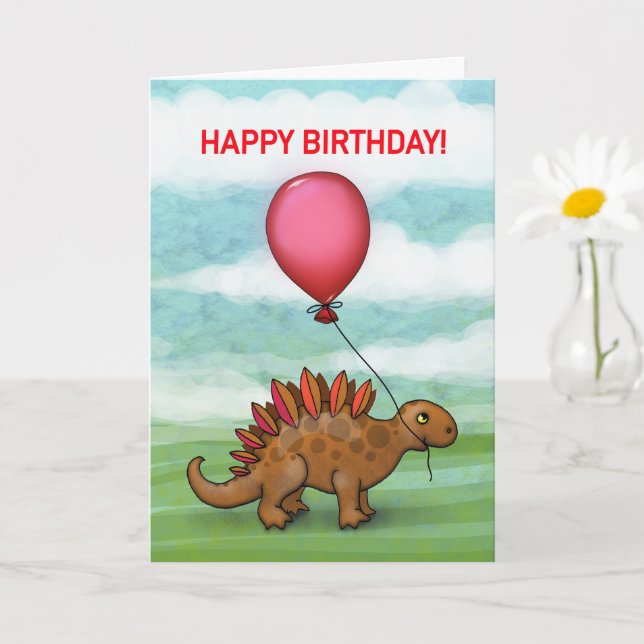 Tarjeta Dinosaurio lindo con globo rojo (Planta pequeña)