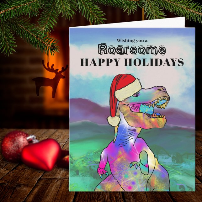 Tarjeta Dinosaurio Navidad T Rex Santa Personalizado (Christmas Dinosaur T-Rex wearing a Santa hat holiday greetings card)