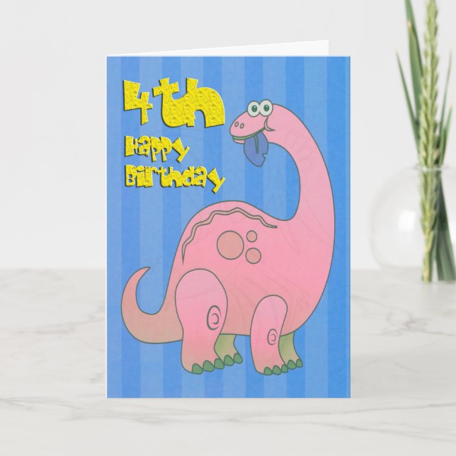 Tarjeta Dinosaurio rosado del cuarto cumpleaños feliz (Anverso)