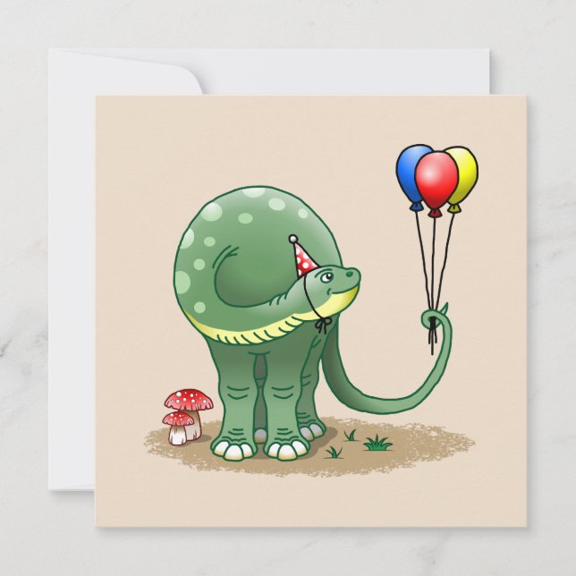 Tarjeta Dinosaurio sostiene globos Fiestas Cumpleaños (Anverso)
