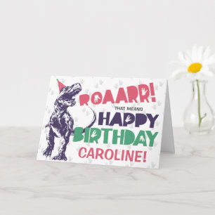 Tarjeta Dinosaurio T-Rex con un sombrero de fiesta Rosa Fe