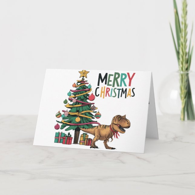 Tarjeta Dinosaurio T-rex divertido y árbol de Navidad (Anverso)