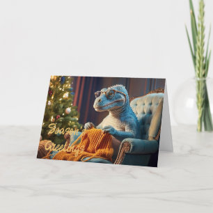 Tarjeta Dinosaurios tejiendo Feliz Navidad