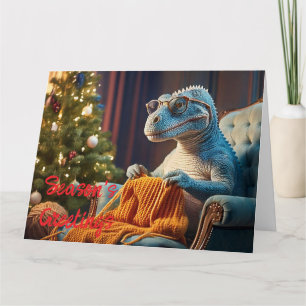 Tarjeta Dinosaurios tejiendo Feliz Navidad