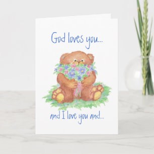 Tarjeta Dios te ama y yo te amo, flores de osito de peluch