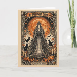 Tarjeta Diosa de Halloween Bruja Gótica Vintage Gato Negro
