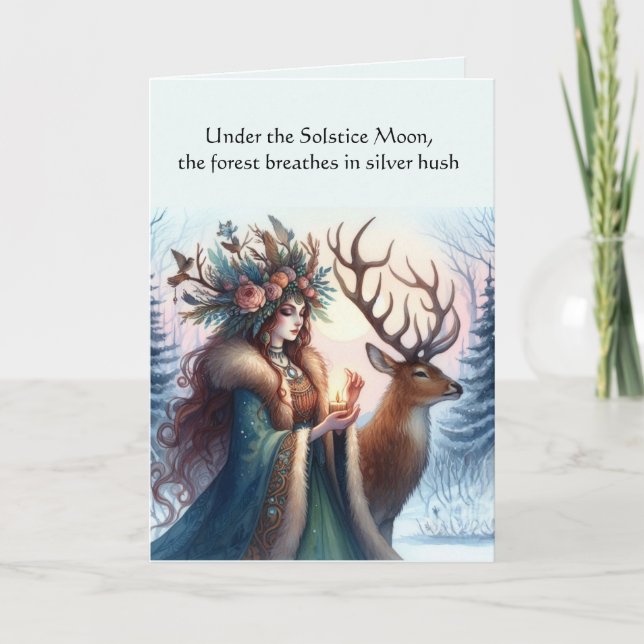Tarjeta Diosa y Ciervo Bendito Solsticio de Invierno Tarje (Anverso)