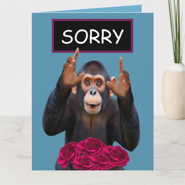 Tarjeta Disculpa del mono divertido y rosas  (Anverso)