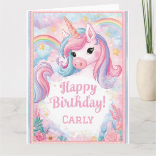 Tarjeta Diseño de cumpleaños de unicornio mágico con arcoí