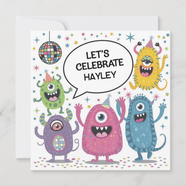 Tarjeta Diseño de cumpleaños para niños Fiesta de monstruo (Anverso)