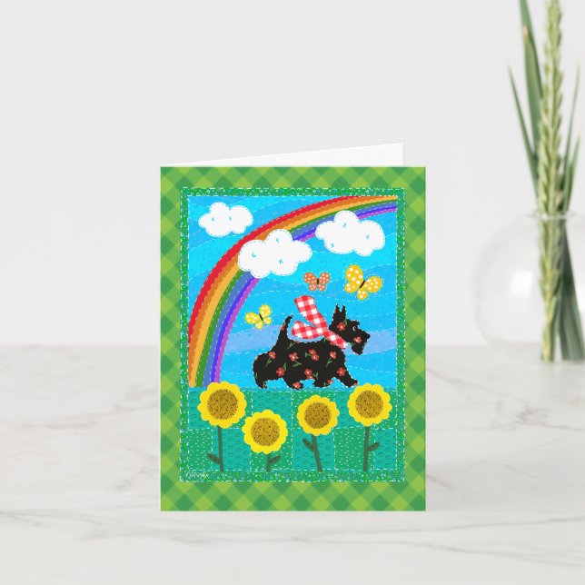 Tarjeta Diseño de edredón de arcoíris alegre Scottie en ta (Anverso)