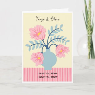 Tarjeta Diseño de florero con flores rosas y azules