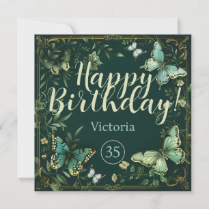 Tarjeta diseño de jardín de mariposas verdes y plantas