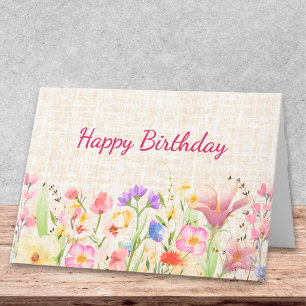 Tarjeta Diseño de Lino Floral Suave Cumpleaños Pastel