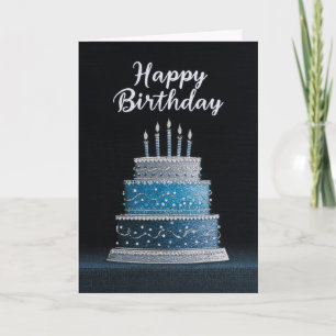 Tarjeta DISEÑO DE PASTEL DE CUMPLEAÑOS Azul y Plateado en