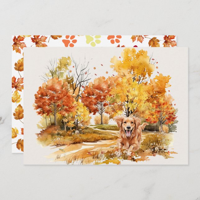 Tarjeta Diseño de perro otoñal en acuarela - Golden Retrie (Anverso / Reverso)