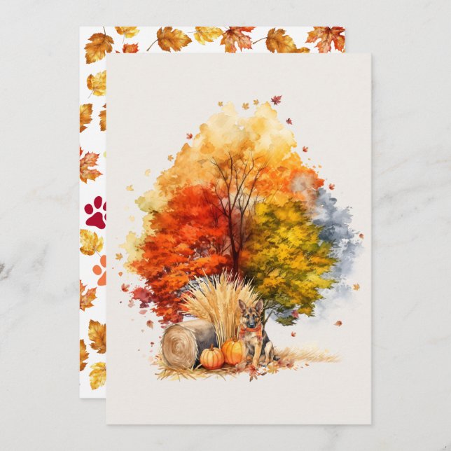 Tarjeta Diseño de perro otoñal en acuarela - Pastor Alemán (Anverso / Reverso)