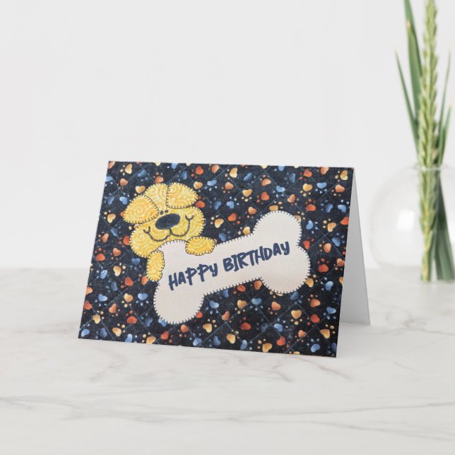 Tarjeta Diseño de Perro Quilt de Cumpleaños con Hueso (Anverso)