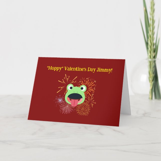Tarjeta Diseño de Rana de San Valentín y fuegos artificial (Anverso)